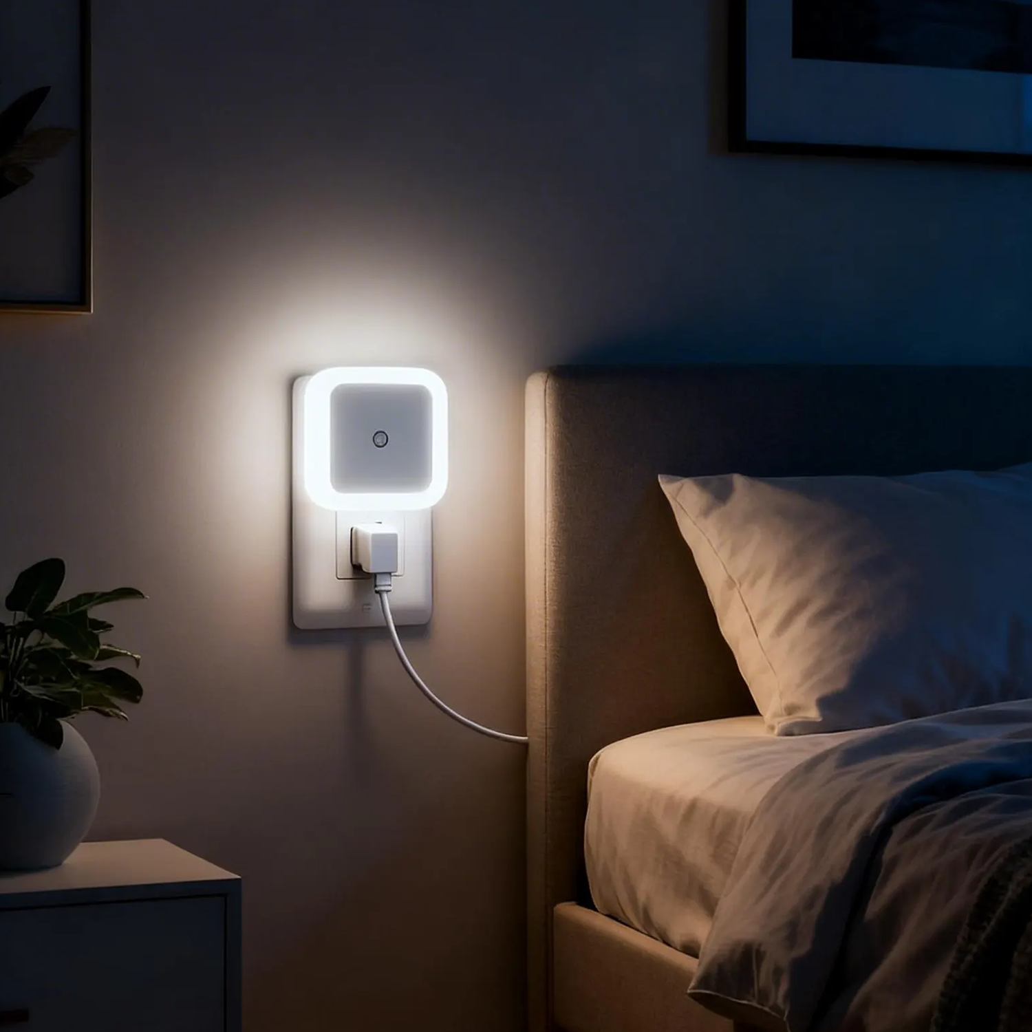 Plug-In Ambient LED Night Lamp, Auto On-Off Light Sensing Fixture With Gentle Warm Glow For Indoor Walkways